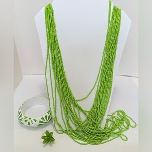 Vintage Lime Green Seed Bead Necklace with Wood Bangle Bracelet and Ring Set